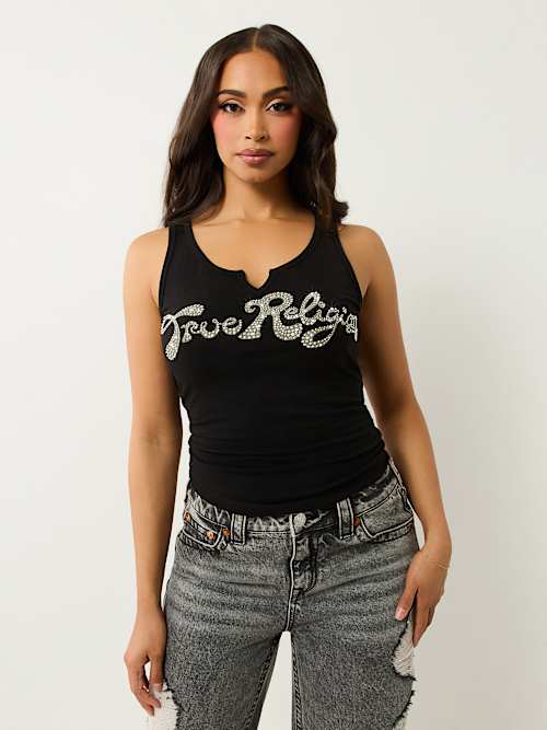 CAMISETA SIN MANGAS CON ESCOTE EN V CON MUESCAS Y LOGOTIPO CRISTAL