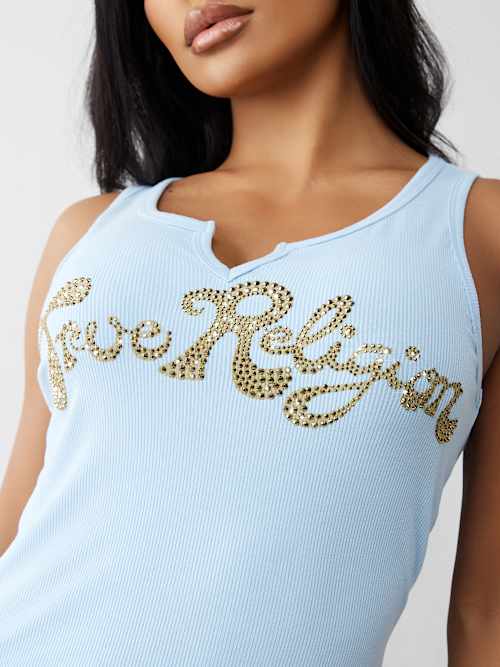CAMISETA SIN MANGAS CON ESCOTE EN V CON MUESCAS Y LOGOTIPO CRISTAL