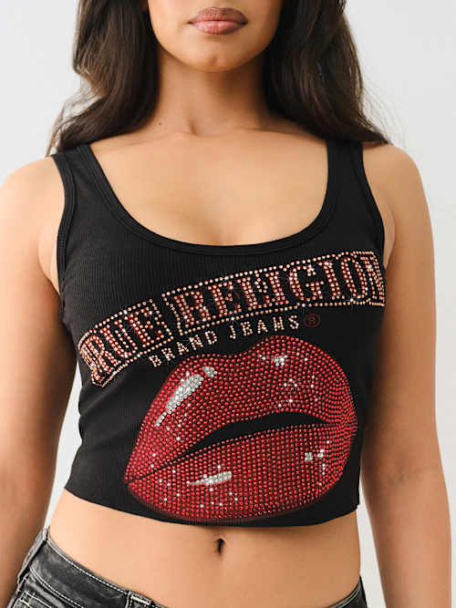 CAMISETA CORTA SIN MANGAS CON DOBLADILLO DESHILACHADO Y LABIOS DE CRISTAL