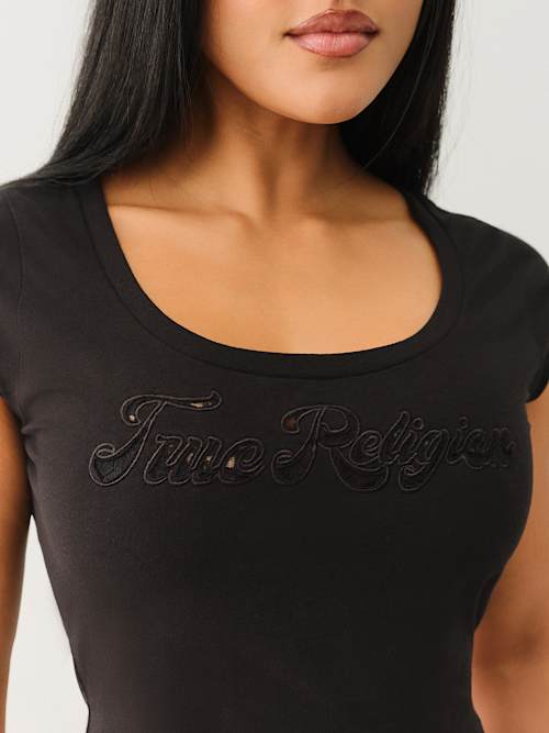 CAMISETA CORTA DE CUELLO REDONDO CON LOGOTIPO DE ENCAJE