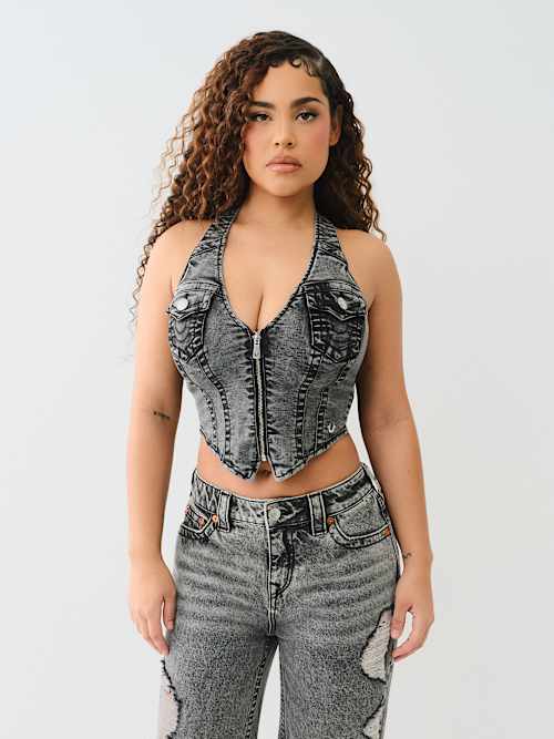 ZIP DENIM HALTER TOP