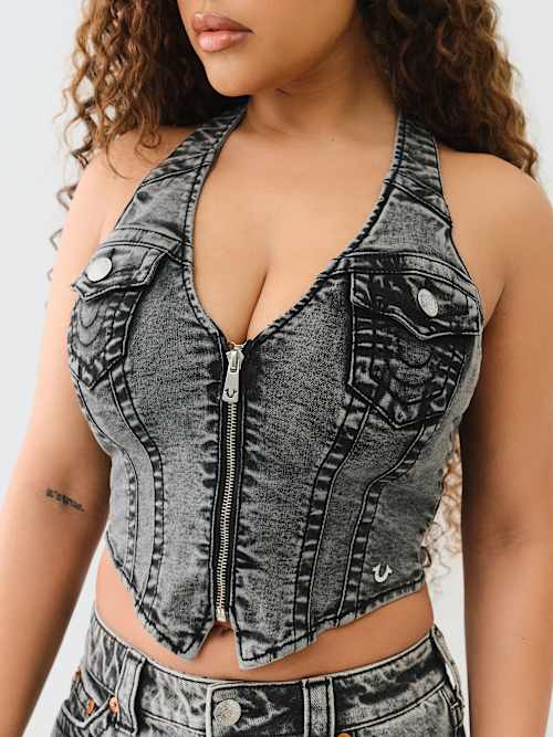 ZIP DENIM HALTER TOP