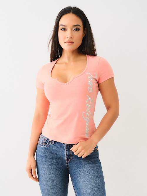 CRYSTAL TRUE RELIGION V NOTCH TEE