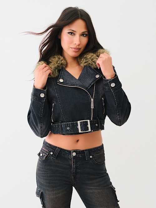 FUR TRIM DENIM MOTO JACKET