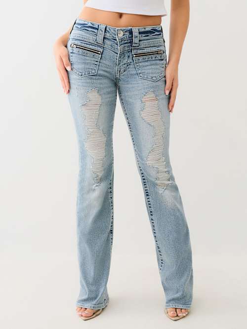 ДЖИНСЫ BECCA СО СТАРИННЫМ ЭФФЕКТОМ, КАРМАНОМ НА МОЛНИИ И РАСКЛЕШЕННЫМ НИЗОМ