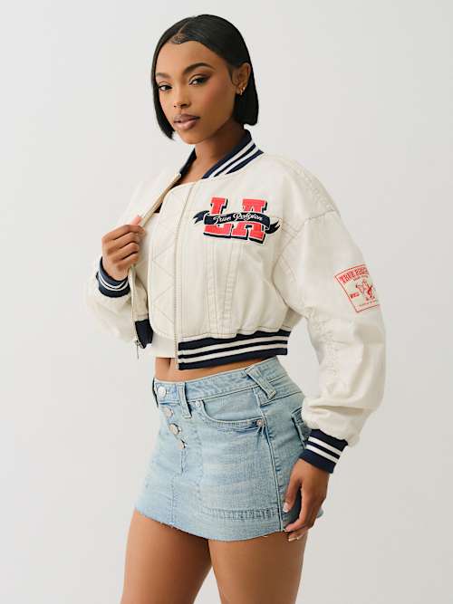 'I LOVE TRUE RELIGION' CROPPED VARSITY JACKET