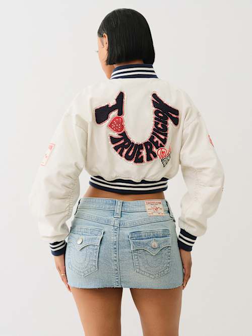 'I LOVE TRUE RELIGION' CROPPED VARSITY JACKET