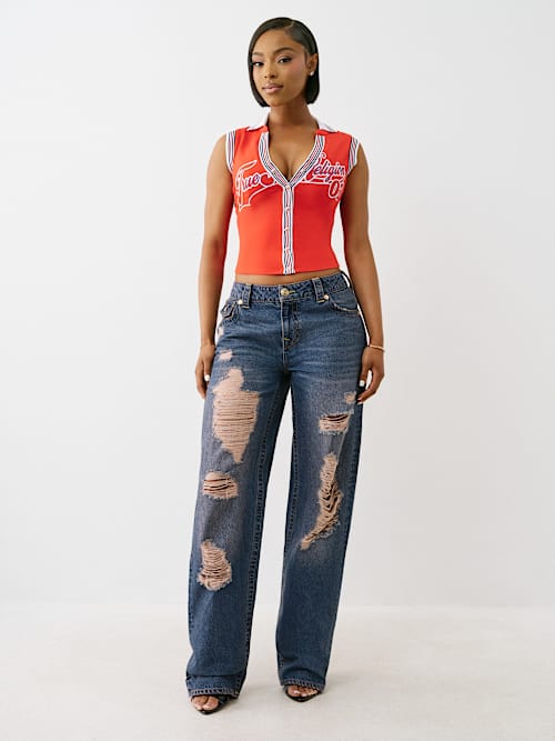 DISTRESSED MID RISE RELAXED STRAIGHT JEAN