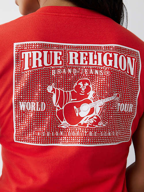 CRYSTAL WORLD TOUR V NECK TEE - Scarlet | True Religion