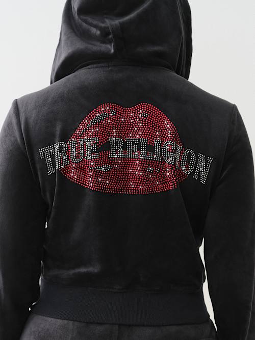 VELOUR CRYSTAL LIPS SHRUNKEN ZIP HOODIE