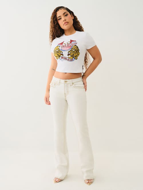 BECCA BIG T LUREX MID RISE BOOTCUT JEAN