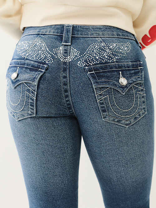 JEANS CORTE DE BOTA BECCA CON ALAS CON CRISTALES