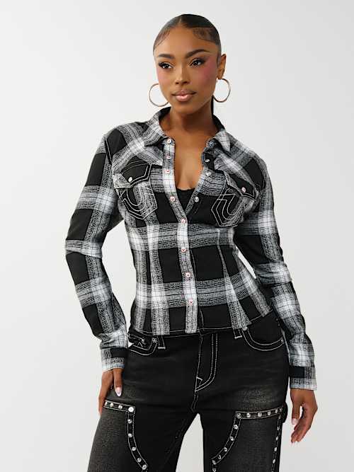 УЗКАЯ КЛЕТЧАТАЯ РУБАШКА НА ПУГОВИЦАХ