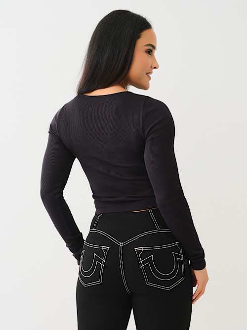 SEAMLESS RIBBED CROP HENLEY TEE