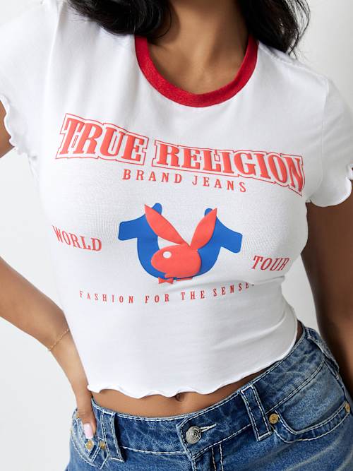 TRUE RELIGION X PLAYBOY LETTUCE EDGE HEM BABY TEE