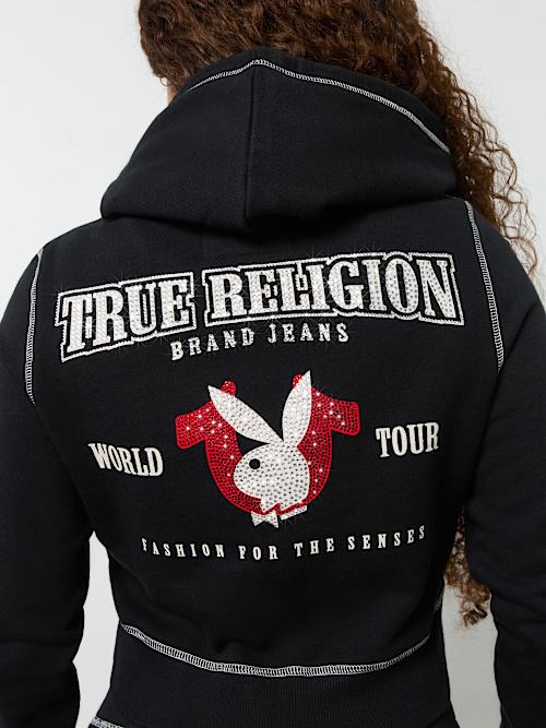 PLAYBOY X TRUE RELIGION CRYSTAL CROP ZIP HOODIE