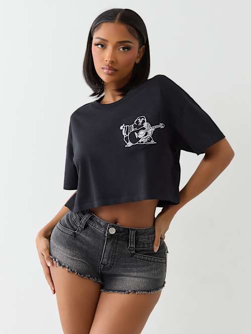 EMBROIDERED BUDDHA BOXY CROPPED TEE