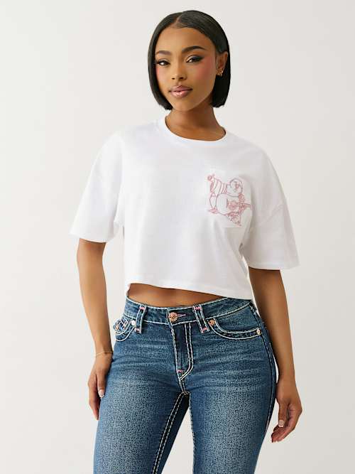 EMBROIDERED BUDDHA BOXY CROPPED TEE