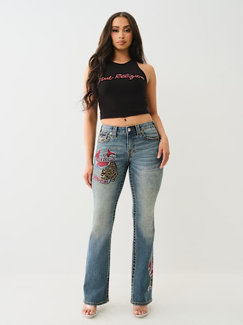 BECCA CRYSTAL TATTOO MID RISE BIG T BOOTCUT JEAN