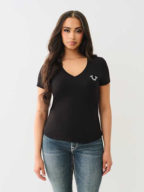 CRYSTAL LOGO V NECK TEE