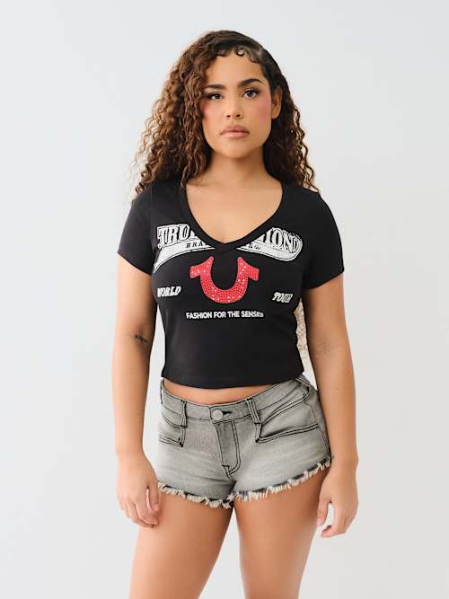 CRYSTAL HORSESHOE V NECK BABY TEE