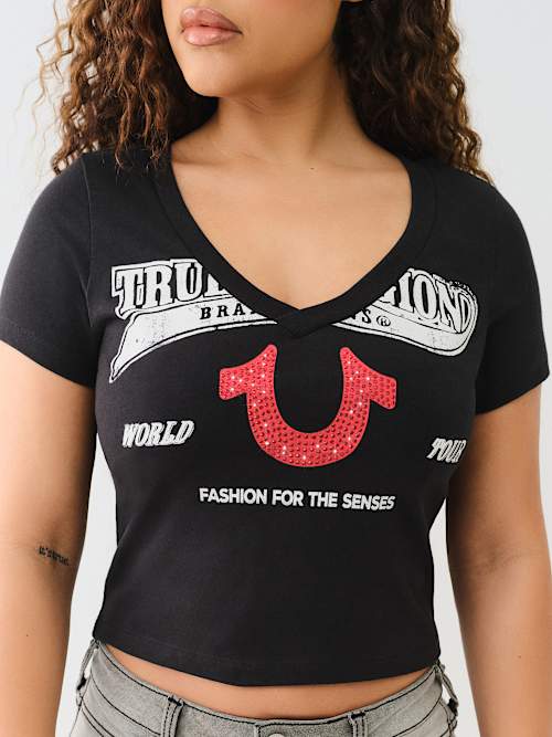 CRYSTAL HORSESHOE V NECK BABY TEE