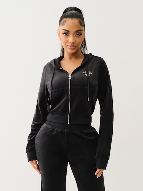 VELOUR CRYSTAL SHRUNKEN ZIP HOODIE