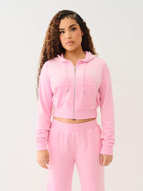 VELOUR CRYSTAL SHRUNKEN ZIP HOODIE