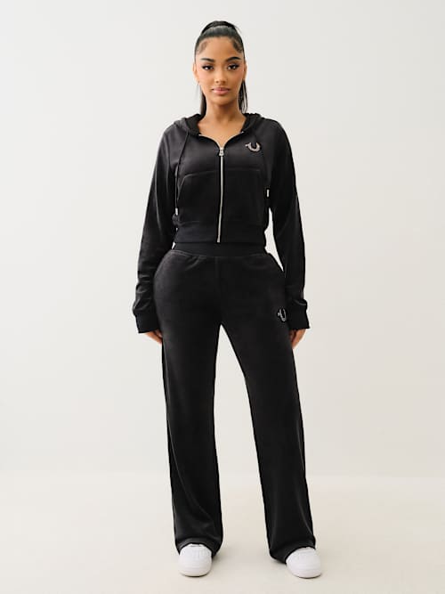 VELOUR CRYSTAL HORSESHOE STRAIGHT LEG PANT