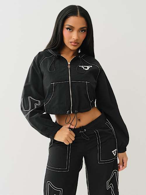 SHRUNKEN BIG T NYLON ZIP HOODIE