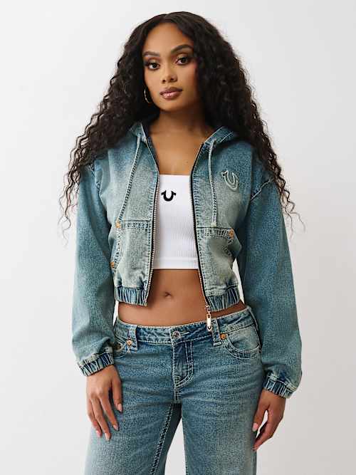 DENIM BIG T ZIP HOODIE