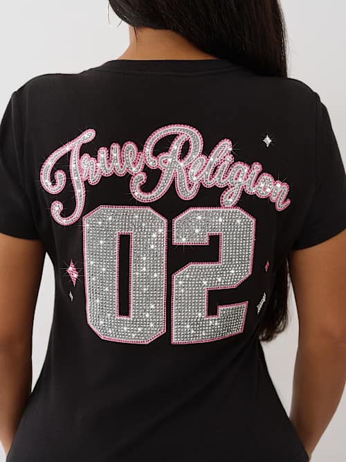CRYSTAL SPORTY V NECK TEE