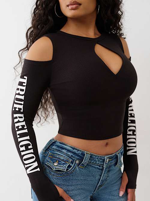 RIBBED CUTOUT LONG SLEEVE TOP