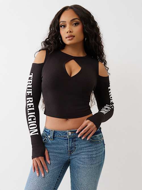 RIBBED CUTOUT LONG SLEEVE TOP