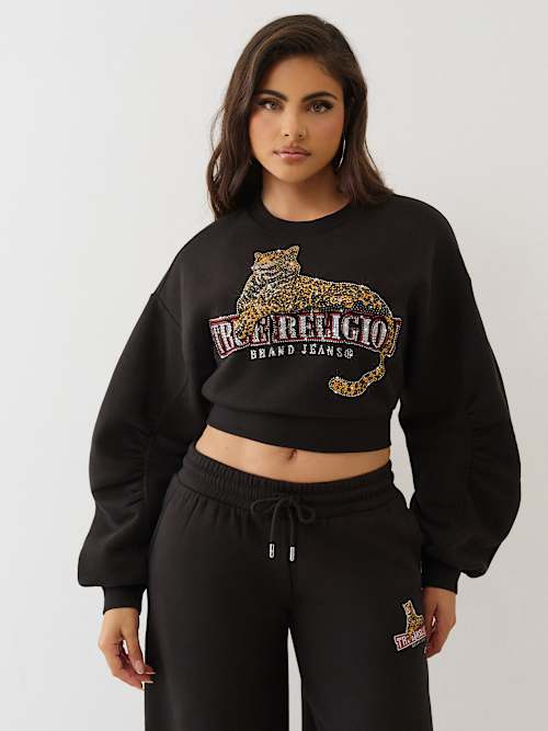CRYSTAL LEOPARD RUCHED LONG SLEEVE PULLOVER