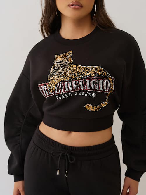 CRYSTAL LEOPARD RUCHED LONG SLEEVE PULLOVER