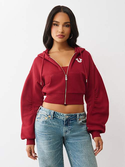 BUDDHA RUCHED SLEEVE ZIP HOODIE