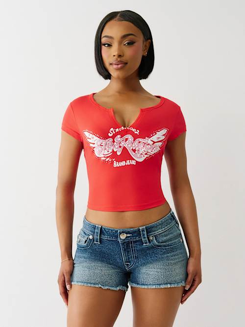 ФУТБОЛКА С V-ОБРАЗНЫМ ВЫРЕЗОМ И КРИСТАЛЬНЫМИ КРЫЛЬЯМИ