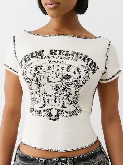 ФУТБОЛКА С ВИНТАЖНЫМ БУДДОЙ И ВЫРЕЗОМ-ЛОДОЧКОЙ