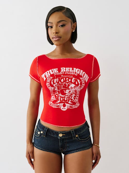 売れ筋商品|||トゥルーレリジョン Tシャツ トップス レディース Women's Logo Rib Notched Baby T-Shirt Jet Black RIBBED WORLD TOUR NOTCH BABY TEE - Black | True Religion