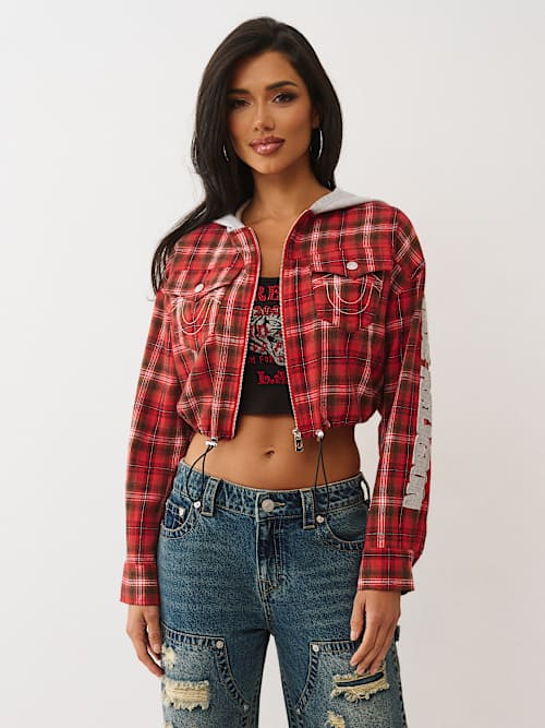 APPLIQUÉ SHRUNKEN FLANNEL HOODIE TOP