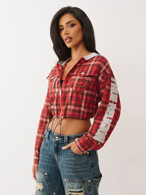 APPLIQUÉ SHRUNKEN FLANNEL HOODIE TOP