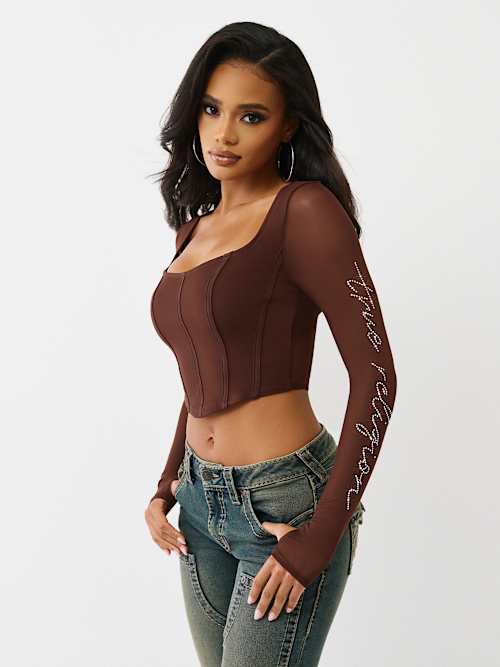 КОРСЕТНЫЙ ТОП С ДЛИННЫМ РУКАВОМ ИЗ ХРУСТАЛЬНОЙ СЕТКИ