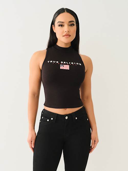 FLAG EMBROIDERED MOCK NECK TANK 