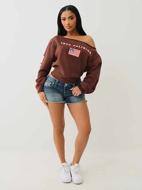 OFF THE SHOULDER EMBROIDERED PULLOVER