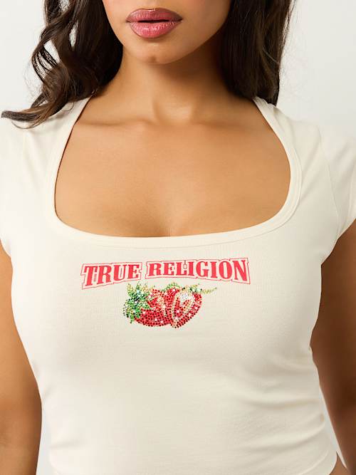CRYSTAL STRAWBERRY SQUARE NECK BABY TEE