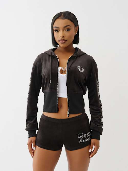 VELOUR CRYSTAL ZIP HOODIE