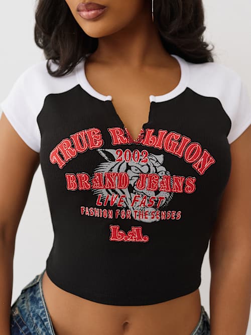 EMBROIDERED V NOTCH RIBBED RAGLAN TEE