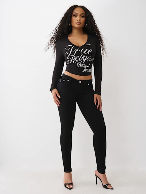 CRYSTAL LOGO V NECK LONG SLEEVE TEE