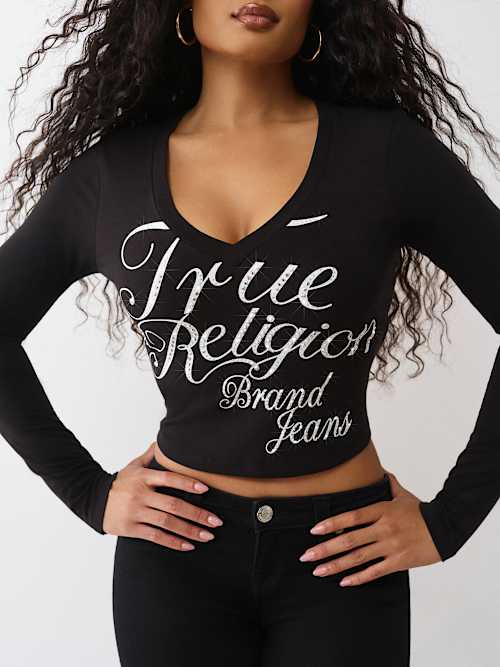 CRYSTAL LOGO V NECK LONG SLEEVE TEE